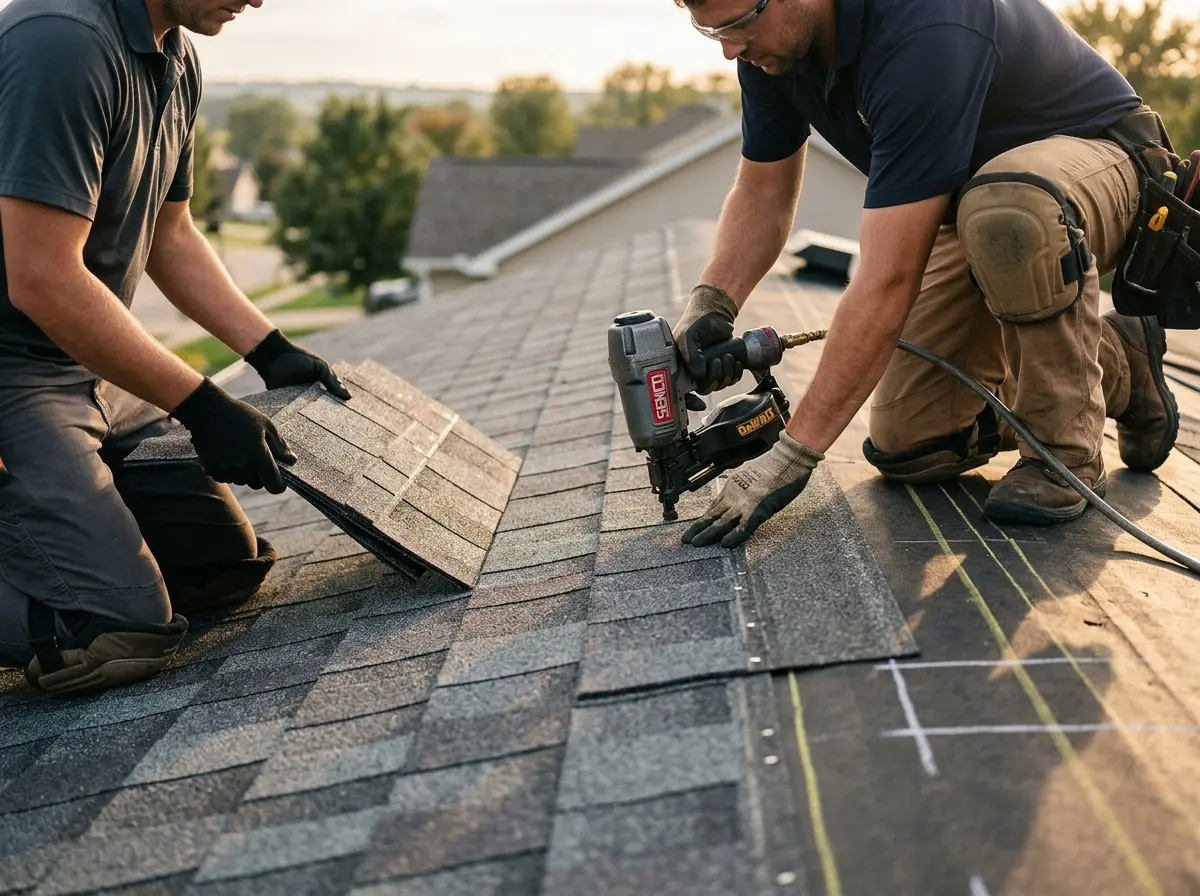 Professional roofer working on a residential roof in Dolton